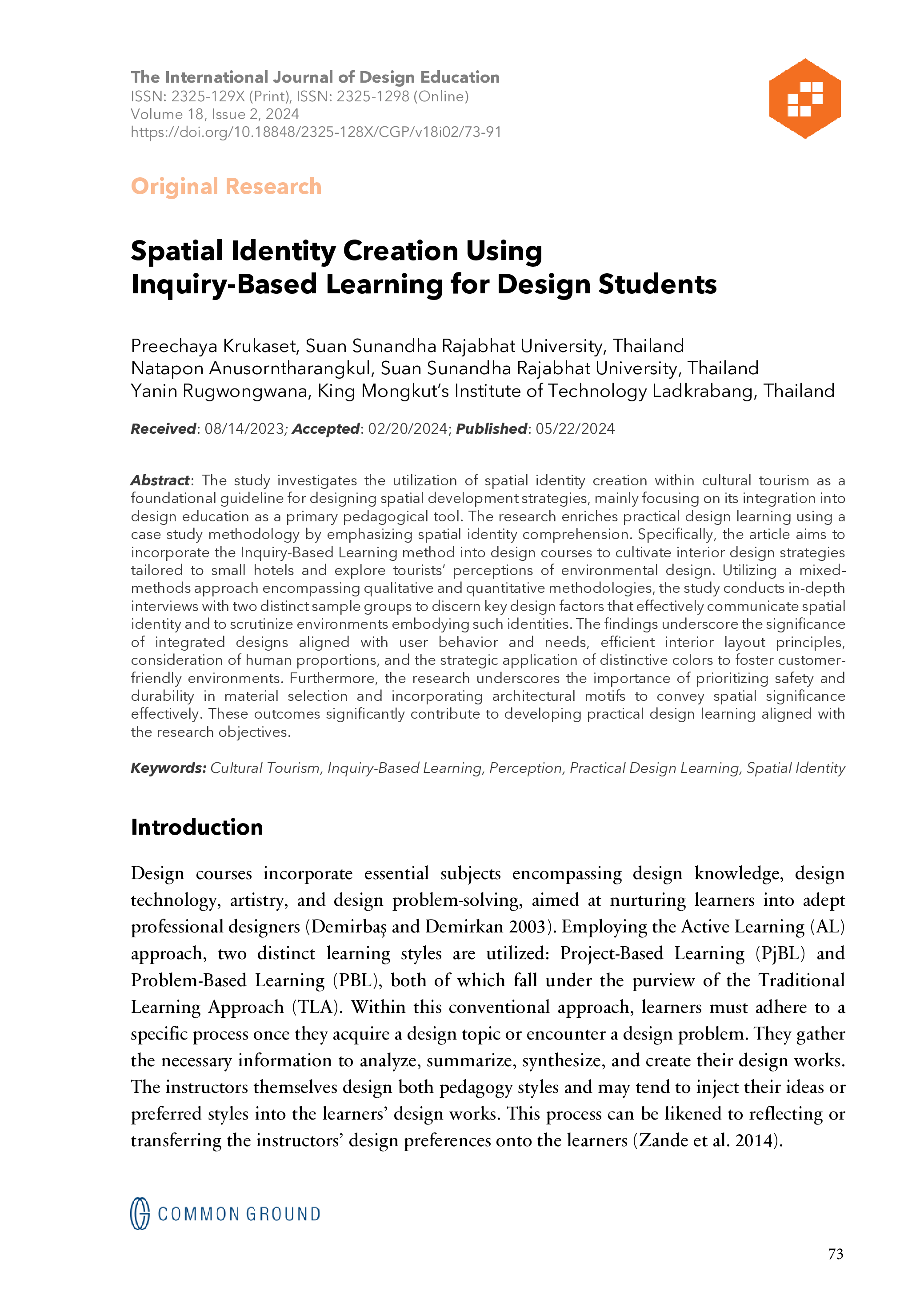 Spatial Identity Creation Using Inquiry-Based Learning for Design ...