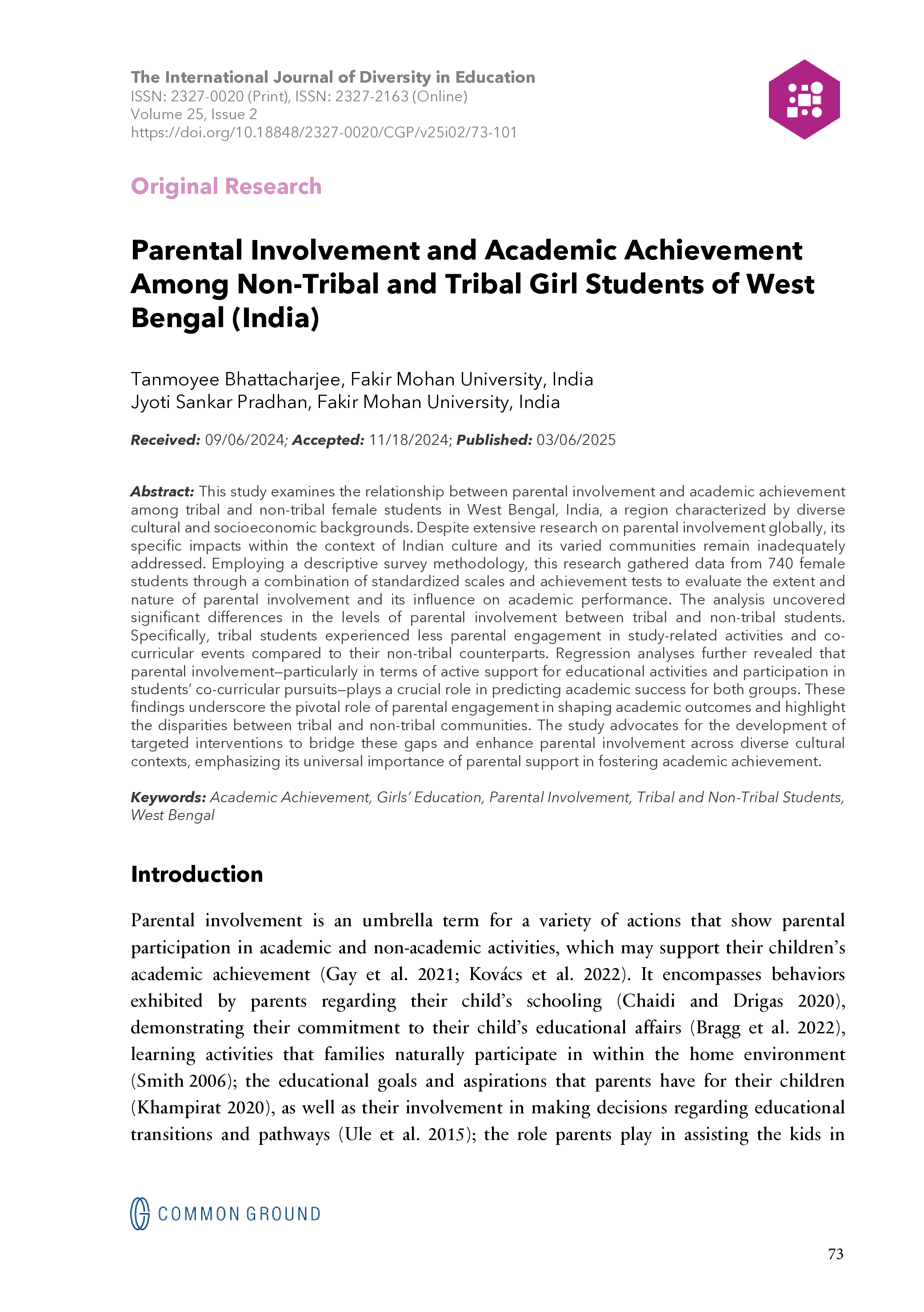 Parental Involvement and Academic Achievement Among Non-Tribal and ...