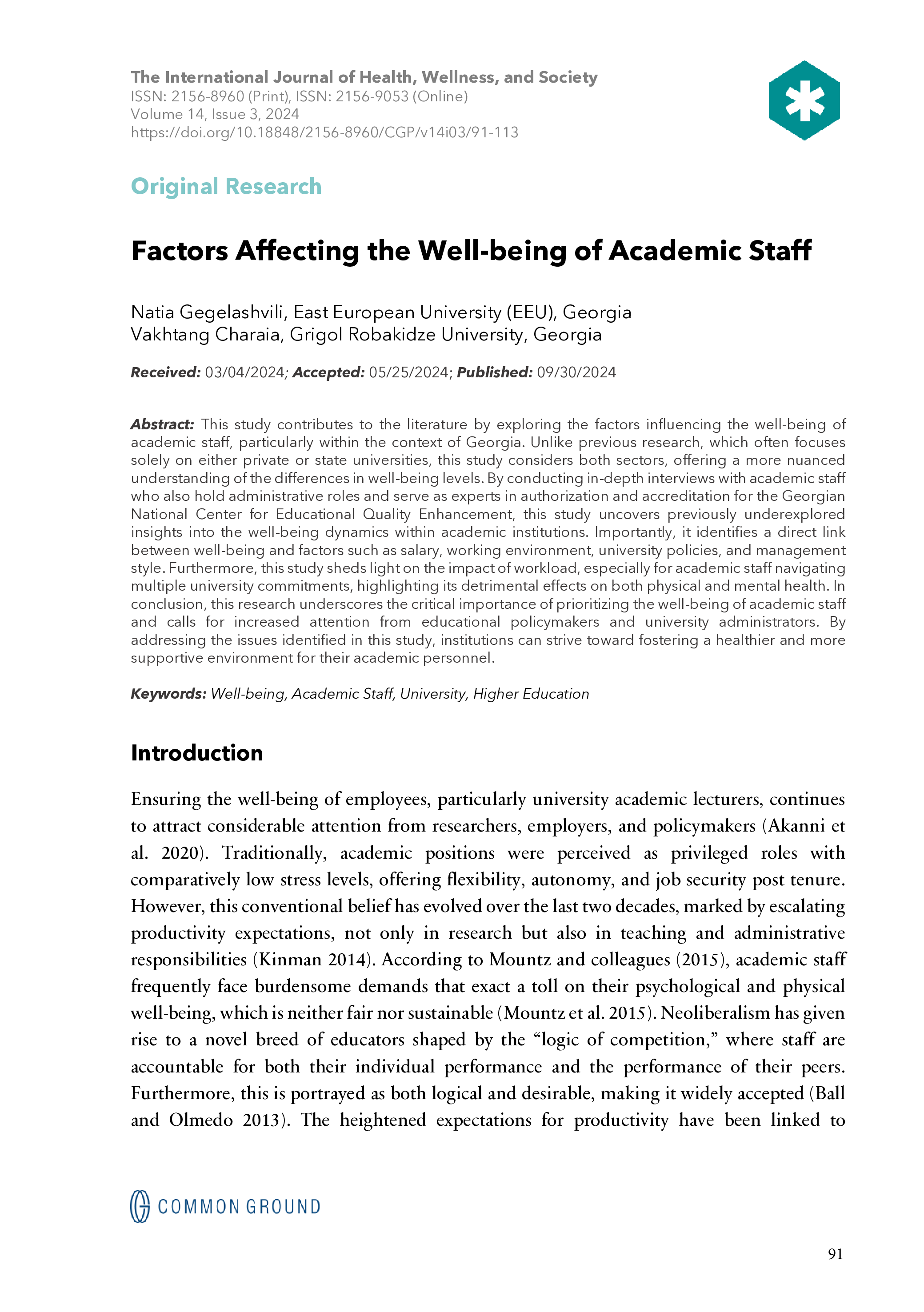 Factors Affecting the Well-being of Academic Staff - Article - CGScholar