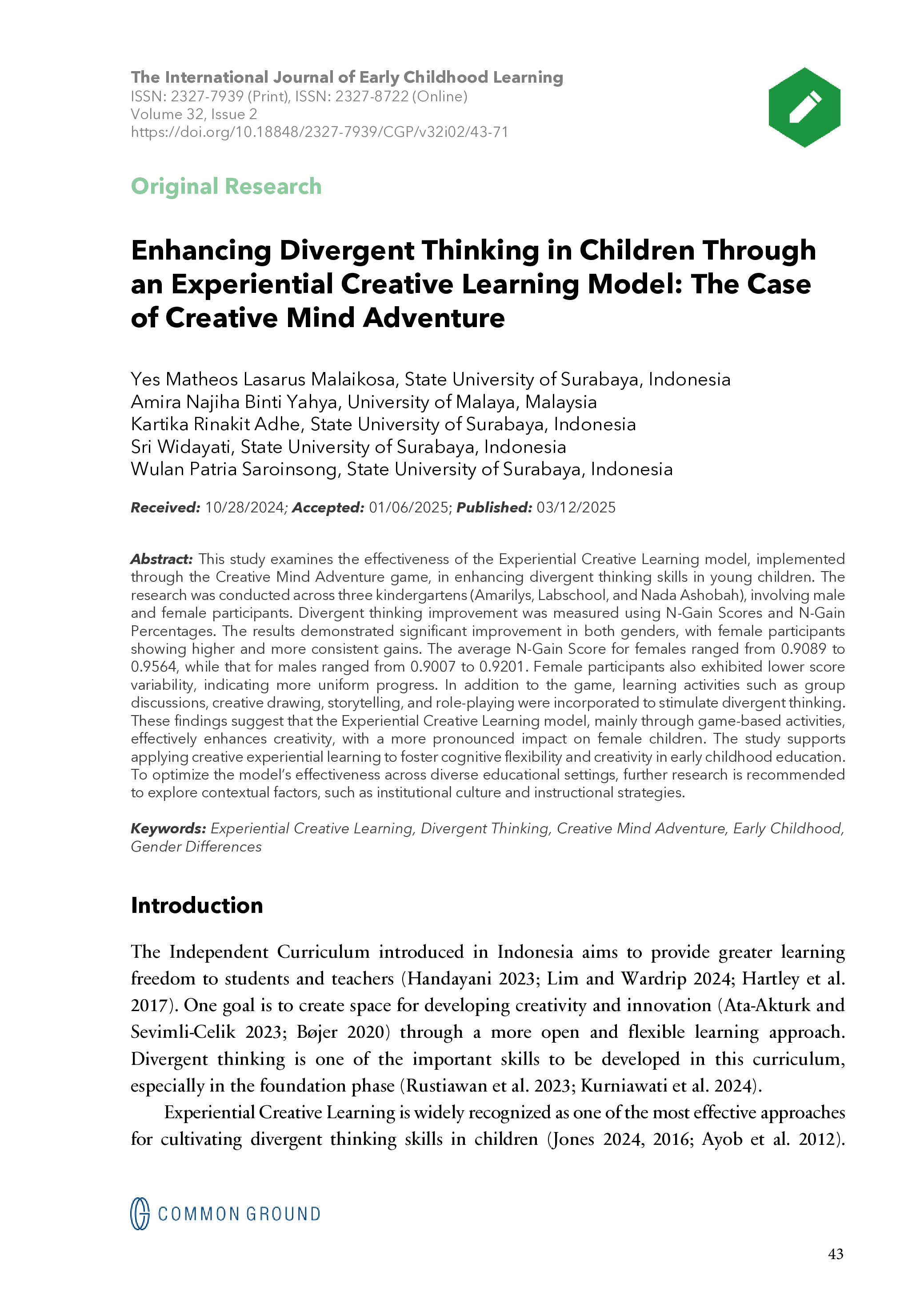 Enhancing Divergent Thinking in Children Through an Experiential ...