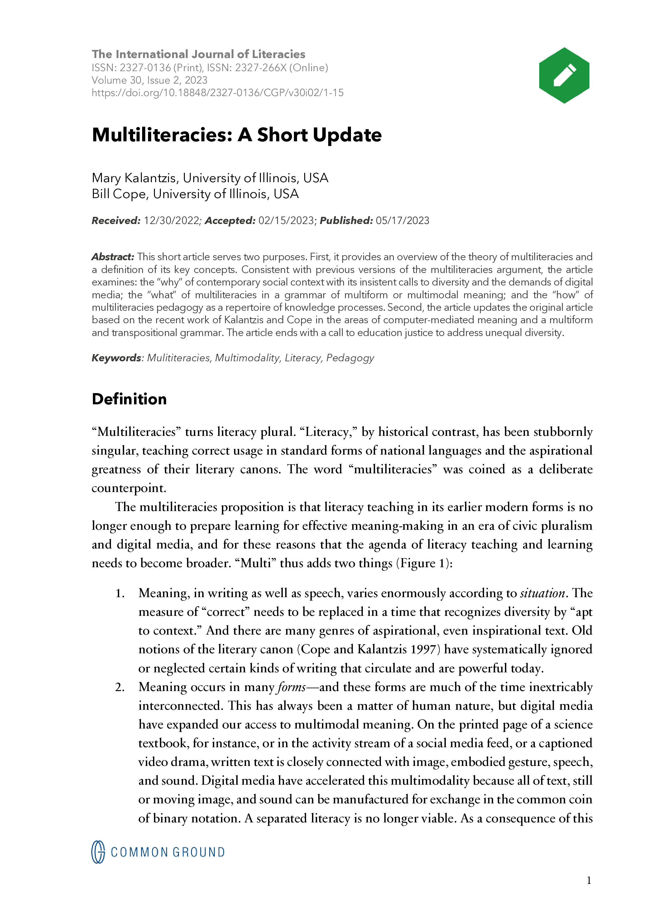 Multiliteracies: A Short Update - Article - CGScholar