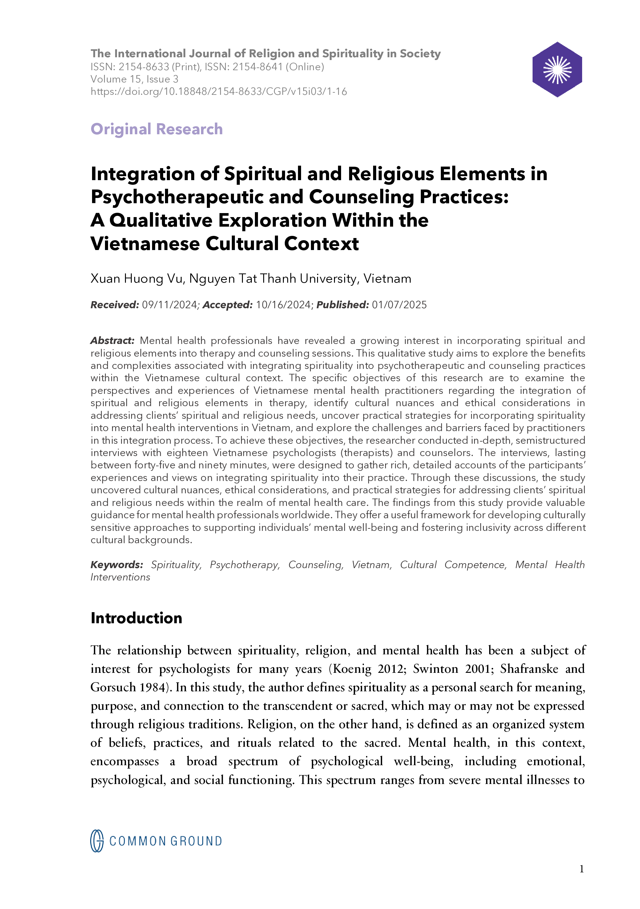 Integration of Spiritual and Religious Elements in Psychotherapeutic ...