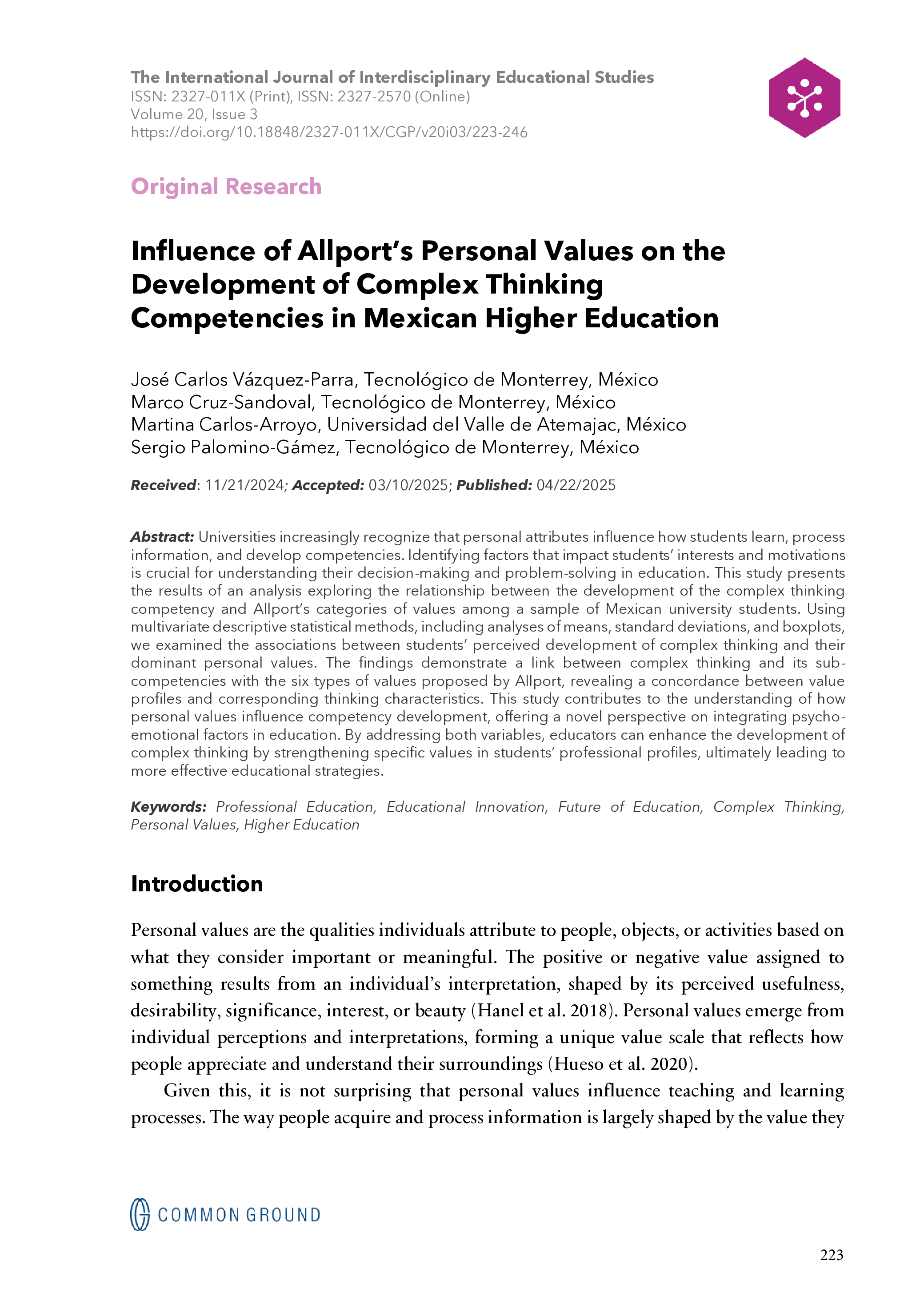 Influence of Allport’s Personal Values on the Development of Complex ...