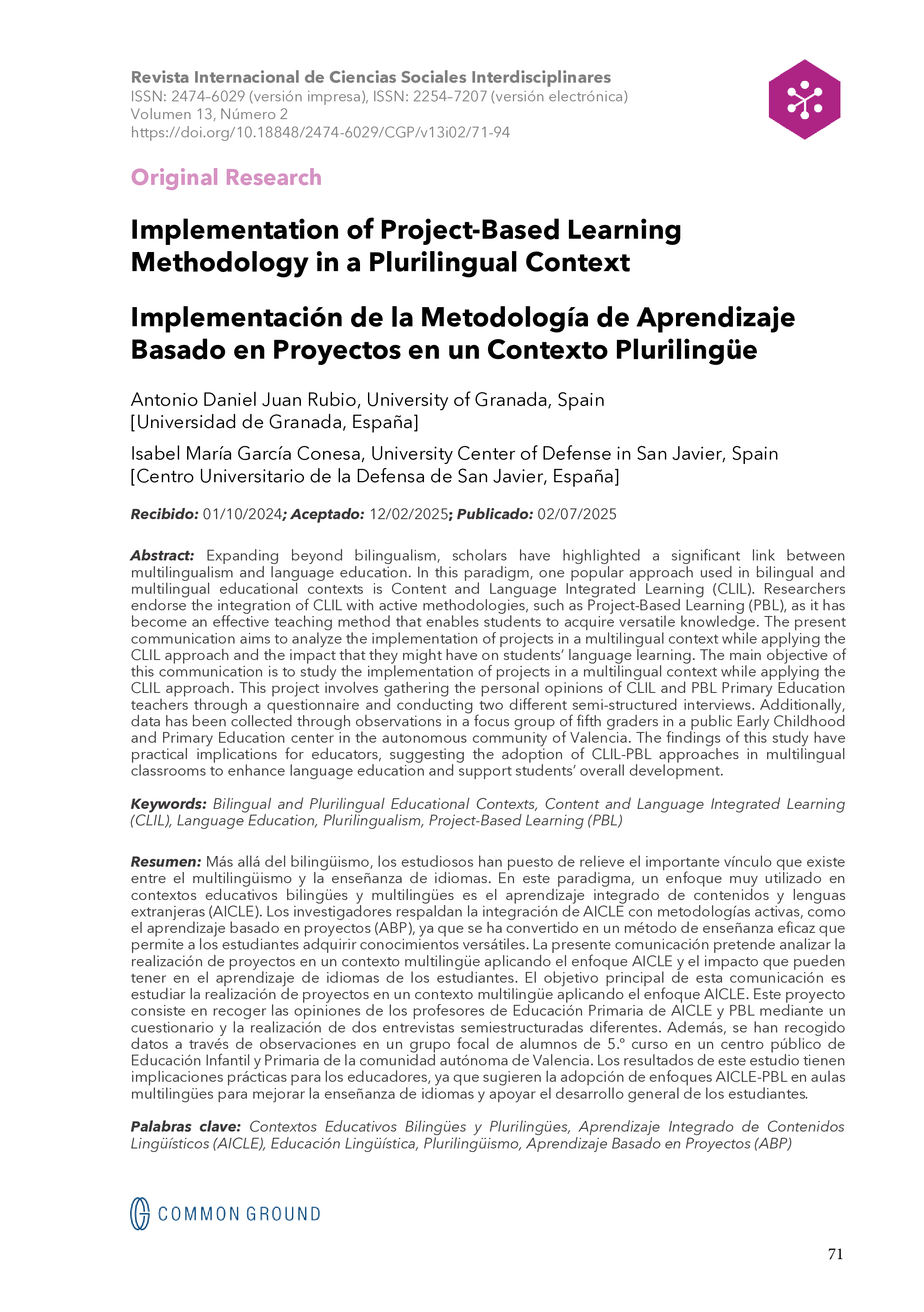 Implementation of Project-Based Learning Methodology in a Plurilingual ...