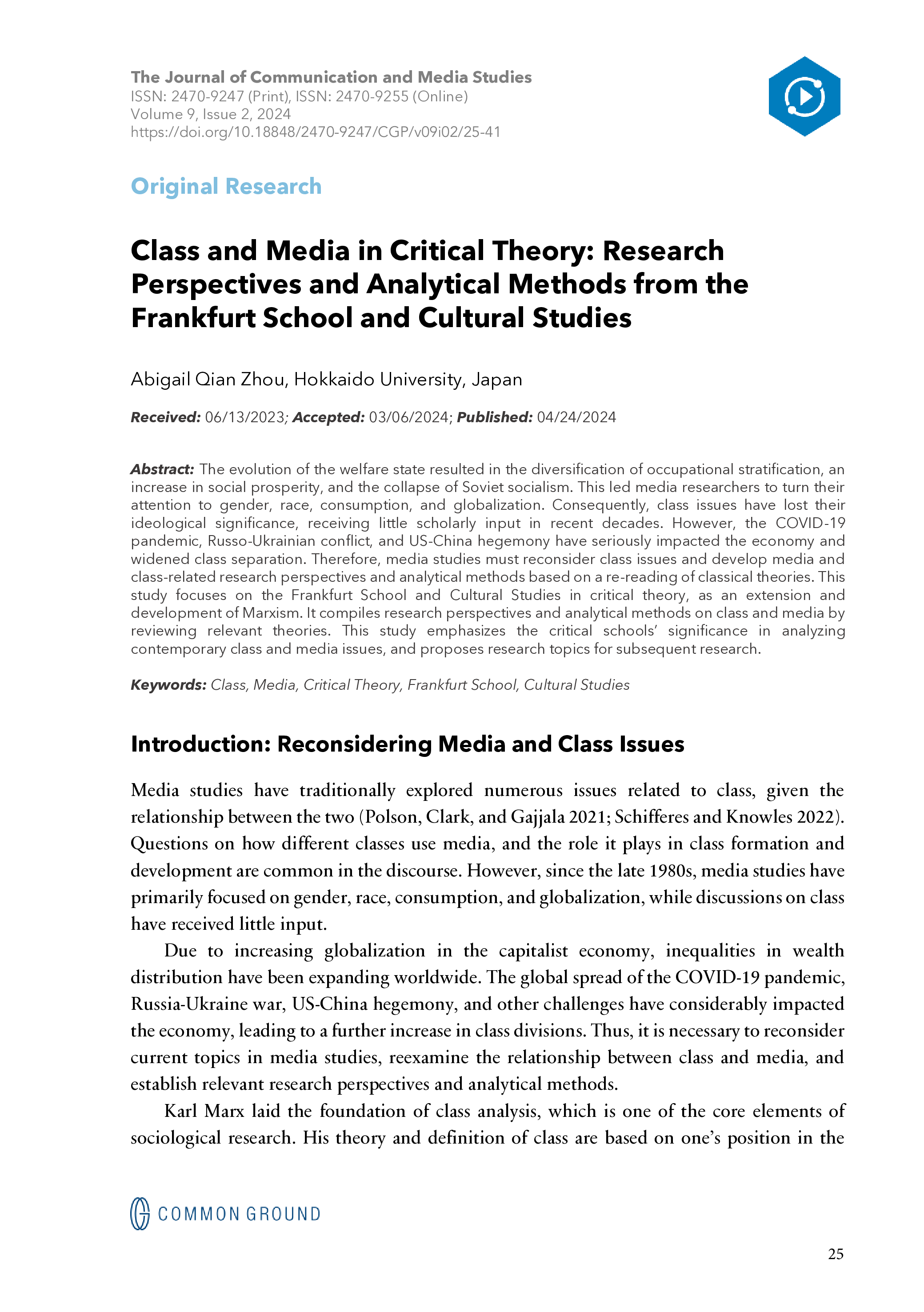 Class and Media in Critical Theory - Article - CGScholar