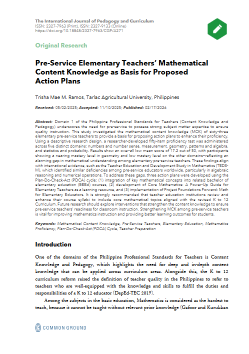 Pre-Service Elementary Teachers’ Mathematical Content Knowledge as ...